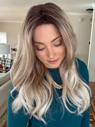 Jen Brown @being_mrs_brown wearing LENNOX by RENE OF PARIS in color MELTED-MARSHMALLOW | Subtly warm dark sandy blonde blend with medium brown roots and light ash blonde tips and highlights
