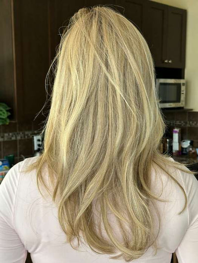 Steph @wigswithsteph wearing BEVERLY HILLS by BELLETRESS in color RAW SUGAR BLONDE | A Neutral Light Blonde, Honey Blonde, Pale Gold Blonde, with a base of Light Brown Low Lights featuring a Medium Root Color