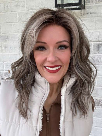 Marcie @wig.obsessed wearing BEACH WAVE MAGIC by TRESSALLURE in color 52/38/49/R8 | 3 Tones of Grey blended with Dark Brown Roots
