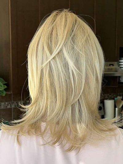 Steph @wigswithsteph wearing MALIBU by BELLETRESS in color CRUSHED ALMOND BLONDE R | A soft Neutral Light Blonde with a Light and Medium Blended Root Color.
