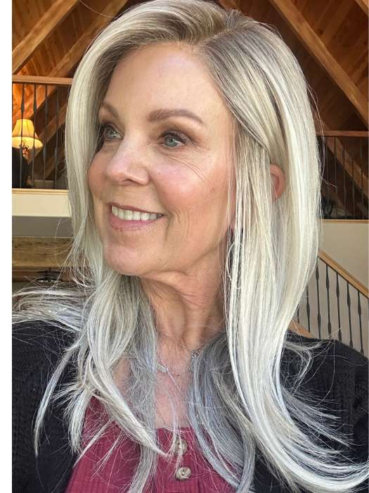 Susan Sparks @an_affair_with_hair wearing MUSIC by ELLEN WILLE inMETALLIC BLONDE ROOTED 60.101.51 | Pearl White, Pearl Platinum with Dark and Lightest Brown and Grey Blend with Shaded Roots