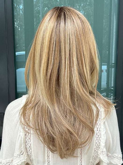 Heather @cjswigs wearing BEVERLY HILLS by BELLETRESS in color CARAMEL BLONDE R | Light Brown Rooted, with a blend of Light Gold Blonde, hint of Strawberry Blonde and Light Auburn with the balance of Cool, Light Blonde Highlights.