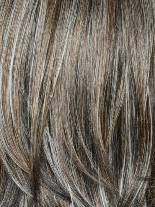 TRUFFLE RIBBON R | Off-Black base with Warm Medium Brown and Silver highlights. The Dark Brown Root creates a naturally dimensional appearance