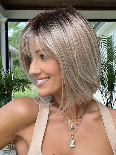 Jenna @jenna_fail wearing ALVA by NORIKO in color MELTED-MARSHMALLOW | Subtly Warm Dark Sandy Blonde Blend with Medium Brown Roots and Light Ash Blonde Tips and Highlights
