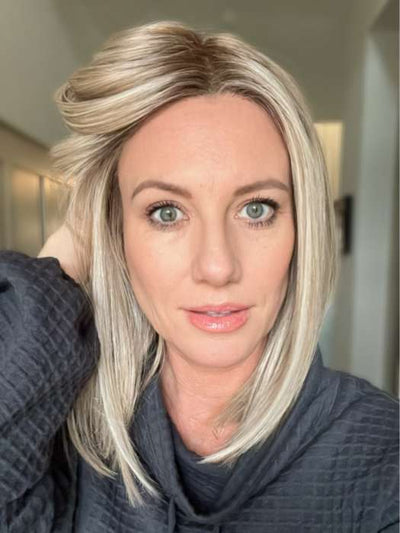 Jenny B. @thewiggygirl wearing DRIVE by ELLEN WILLE in color PEARL BLONDE ROOTED 101.24.20 | Pearl Platinum, Dark Ash Blonde, and Medium Honey Blonde mix
