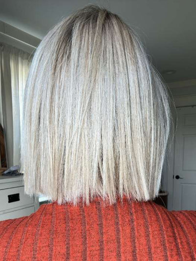 Emily H. @she_sheds_more wearing SANTA MONICA by BELLETRESS in color CRUSHED ALMOND BLONDE R | A soft Neutral Light Blonde with a Light and Medium Blended Root Color.
