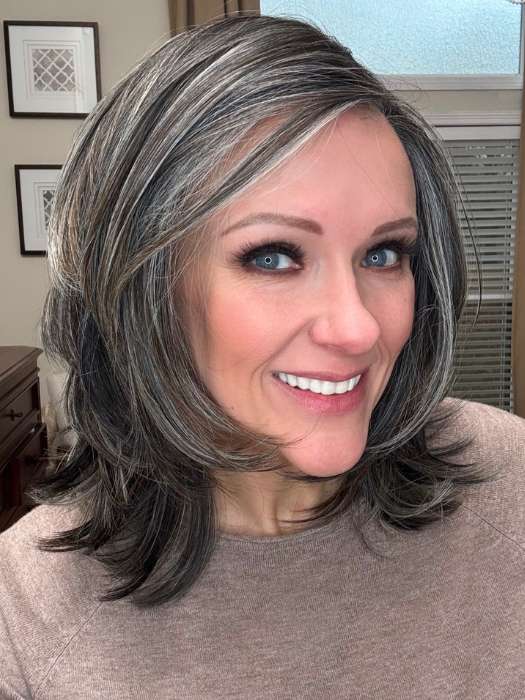 Marcie Mertz @wig.obsessed wearing MIKA by RENE OF PARIS in color TRUFFLE RIBBON R | Off-Black base with Warm Medium Brown and Silver highlights. The Dark Brown Root creates a naturally dimensional appearance.