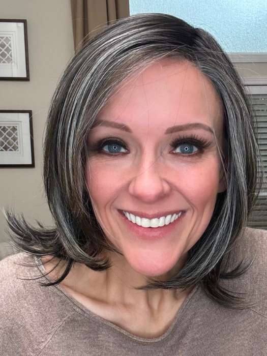 Marcie Mertz @wig.obsessed wearing MIKA by RENE OF PARIS in color TRUFFLE RIBBON R | Off-Black base with Warm Medium Brown and Silver highlights. The Dark Brown Root creates a naturally dimensional appearance.