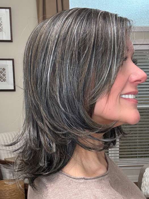 Marcie Mertz @wig.obsessed wearing MIKA by RENE OF PARIS in color TRUFFLE RIBBON R | Off-Black base with Warm Medium Brown and Silver highlights. The Dark Brown Root creates a naturally dimensional appearance.