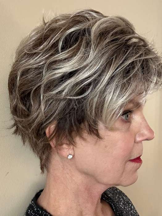 Susan Sparks @an_affair_with_hair wearing LUCA by RENE OF PARIS in color TRES CHOCOLATE R | Carefully placed White, Medium, and Dark Chocolate tones completed with a Dark Brown Root. This color is perfect for both Blond and Brown enthusiasts