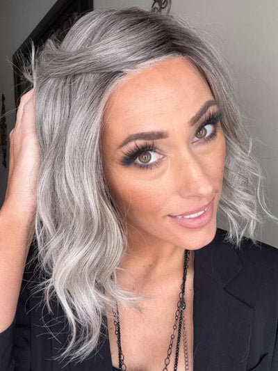 Nichole Corbett @nicholealee wearing NYX by RENE OF PARIS in color SILVER OYSTER R | Silver and Beige blended base with Rich Brown Root tone. Great substitute tone for Blond