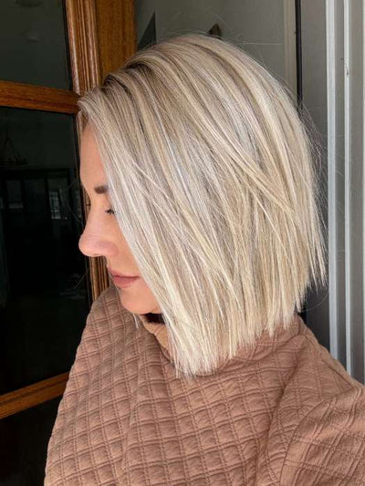 Jenny B. @thewiggygirl wearing SANTA MONICA by BELLETRESS in color CRUSHED ALMOND BLONDE R | A soft Neutral Light Blonde with a Light and Medium Blended Root Color.
