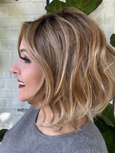 Marcie @wig.obsessed wearing DESTINY by ELLEN WILLE in GINGER BLONDE ROOTED 20.26.27 | Light Golden Blonde, Light Strawberry Blonde and Dark Strawberry Blonde blend with Shaded Roots
