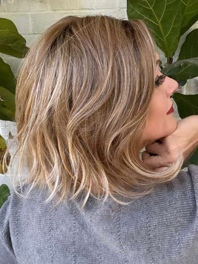 Marcie @wig.obsessed wearing DESTINY by ELLEN WILLE in GINGER BLONDE ROOTED 20.26.27 | Light Golden Blonde, Light Strawberry Blonde and Dark Strawberry Blonde blend with Shaded Roots
