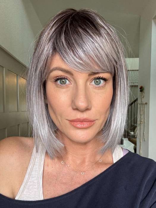 Jenny B. @thewiggygirl wearing CLEO by ELLEN WILLE in color ICE BLUE TIPPED | Darkest Brown and Blue with Pearl Platinum and Pure White Blend with Lighter Tipped Ends