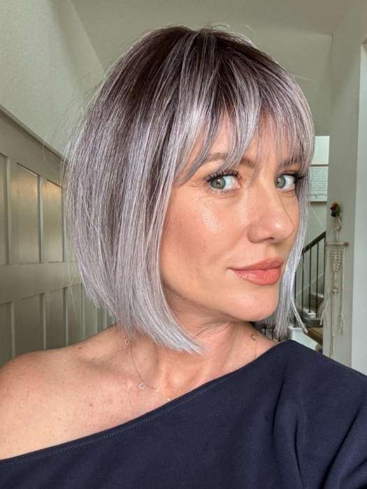 Jenny B. @thewiggygirl wearing CLEO by ELLEN WILLE in color ICE BLUE TIPPED | Darkest Brown and Blue with Pearl Platinum and Pure White Blend with Lighter Tipped Ends