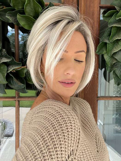 Jenna @jenna_fail wearing IDALIA by JON RENAU in color FS17/101S18 PALM SPRINGS BLONDE | Light Ash Blonde with Pure White Natural Violet Bold Highlights, Shaded with Dark Natural Ash Blonde