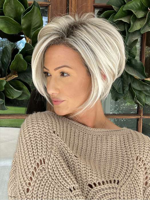 Jenna @jenna_fail wearing IDALIA by JON RENAU in color FS17/101S18 PALM SPRINGS BLONDE | Light Ash Blonde with Pure White Natural Violet Bold Highlights, Shaded with Dark Natural Ash Blonde