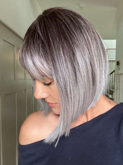 Jenny B. @thewiggygirl wearing CLEO by ELLEN WILLE in color ICE BLUE TIPPED | Darkest Brown and Blue with Pearl Platinum and Pure White Blend with Lighter Tipped Ends