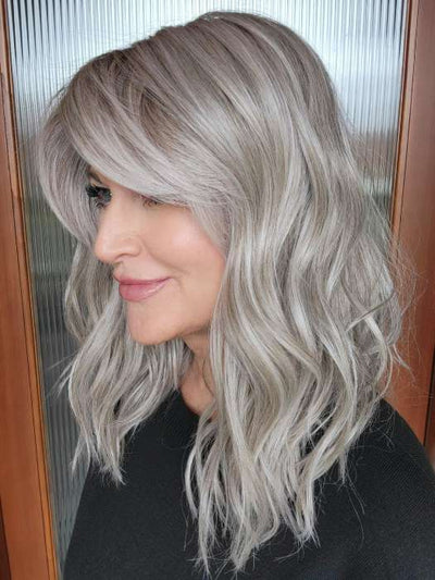 Natalie @vanish.into.thin.hair wearing BEACH WAVE MAGIC by TRESSALLURE in color 56/60/R8 | Lightest Grey Blend Rooted Medium Brown
