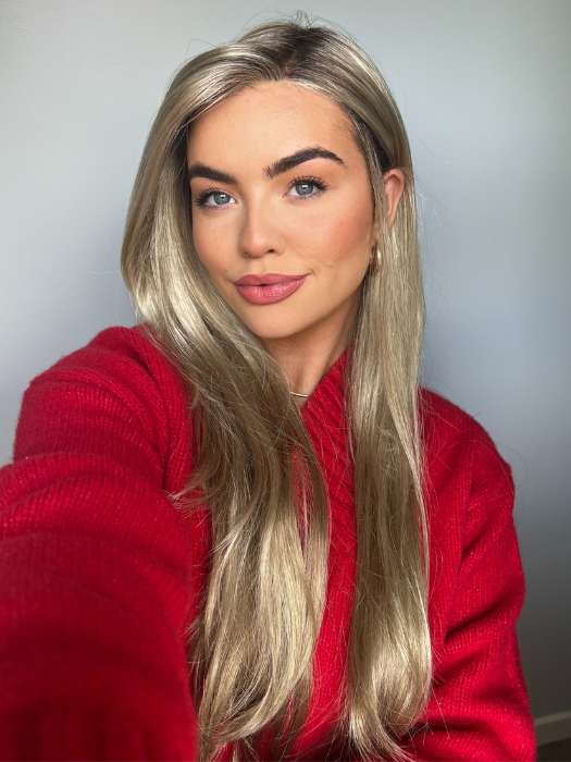 Olivia @oliviamcveigh_ wearing AVERY by JON RENAU in color 22F16S8 VENICE BLONDE | Light Ash Blonde and Light Natural Blonde Blend Shaded with Medium Brown