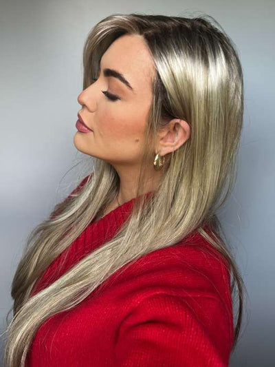 Olivia @oliviamcveigh_ wearing AVERY by JON RENAU in color 22F16S8 VENICE BLONDE | Light Ash Blonde and Light Natural Blonde Blend Shaded with Medium Brown