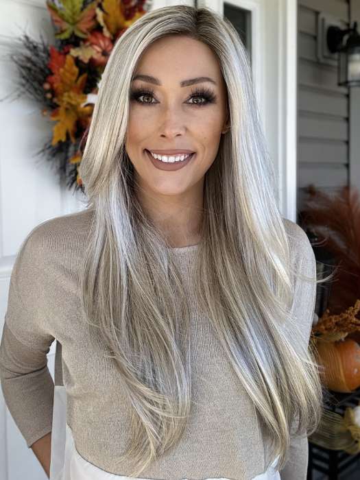 Nichole @nicholealee wearing AVERY by JON RENAU in color FS17/101S18 PALM SPRINGS BLONDE | Light Ash Blonde with Pure White Natural Violet Bold Highlights, Shaded with Dark Natural Ash Blonde
