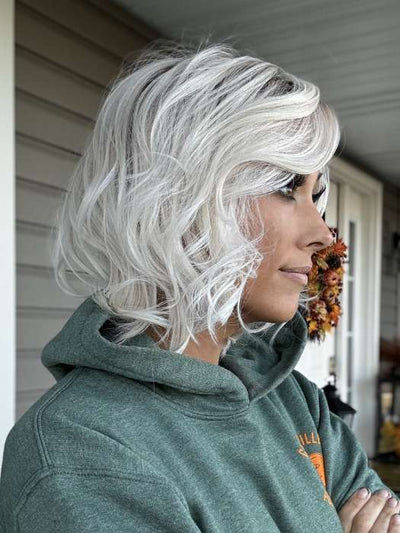 Nichole @nicholealee wearing DELIGHT by ELLEN WILLE in color PLATIN BLONDE ROOTED 61.101.1001 | Pure White and Pearl Platinum blend with Winter White and Shaded Roots
