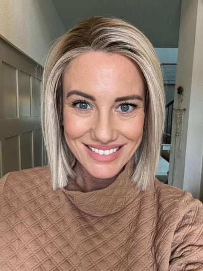 Jenny B. @thewiggygirl wearing SANTA MONICA by BELLETRESS in color CRUSHED ALMOND BLONDE R | A soft Neutral Light Blonde with a Light and Medium Blended Root Color.
