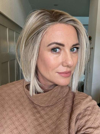 Jenny B. @thewiggygirl wearing SANTA MONICA by BELLETRESS in color CRUSHED ALMOND BLONDE R | A soft Neutral Light Blonde with a Light and Medium Blended Root Color.
