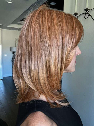 Lisa Mullins @beautifulyouwigreviews wearing SANTA BARBARA by BELLETRESS in color SIENNA SPICE | A true light Strawberry Blonde/Red with Low Light and Highlights
