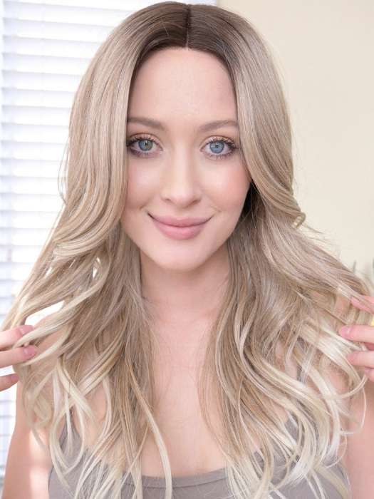 Steph B. @wigswithsteph wearing ALLURE WAVEZ by RENE OF PARIS in color MELTED-MARSHMALLOW | Subtly Warm Dark Sandy Blonde Blend with Medium Brown Roots and Light Ash Blonde Tips and Highlights