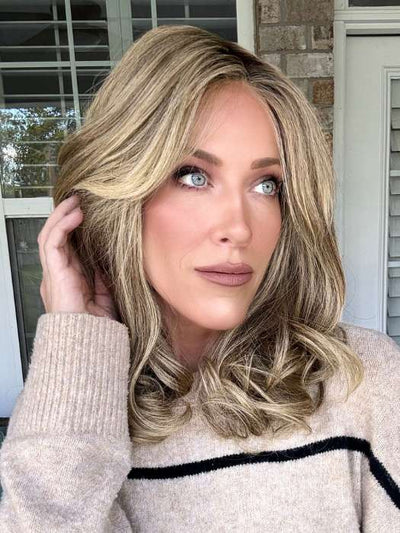 Kristyna @kristynamoore wearing ANGIE by JON RENAU in color 24BT18S8 SHADED MOCHA | Medium Natural Ash Blonde & Light Natural Gold Blonde Blend, Shaded with Medium Brown
