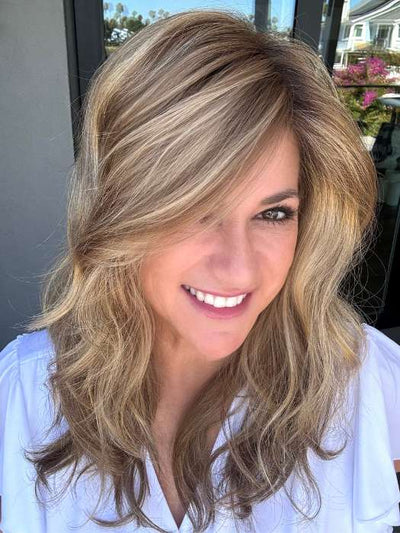 Susan Cooke @wigs_with_wisdom wearing ARROW by ELLEN WILLE in color LIGHT BERNSTEIN ROOTED | Light Auburn, Light Honey Blonde, and Light Reddish Brown blend and Dark Roots
