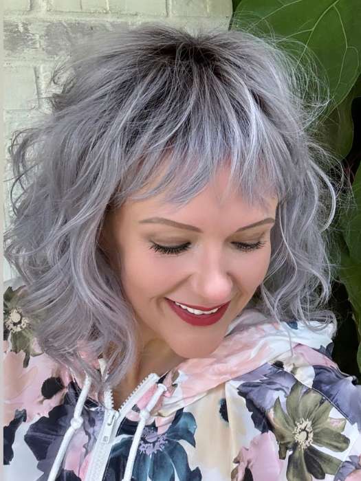 Marcie Mertz @wig.obsessed wearing BREEZY WAVEZ by RENE OF PARIS in color LUNAR-HAZE | Periwinkle Base with Off-Black Roots
