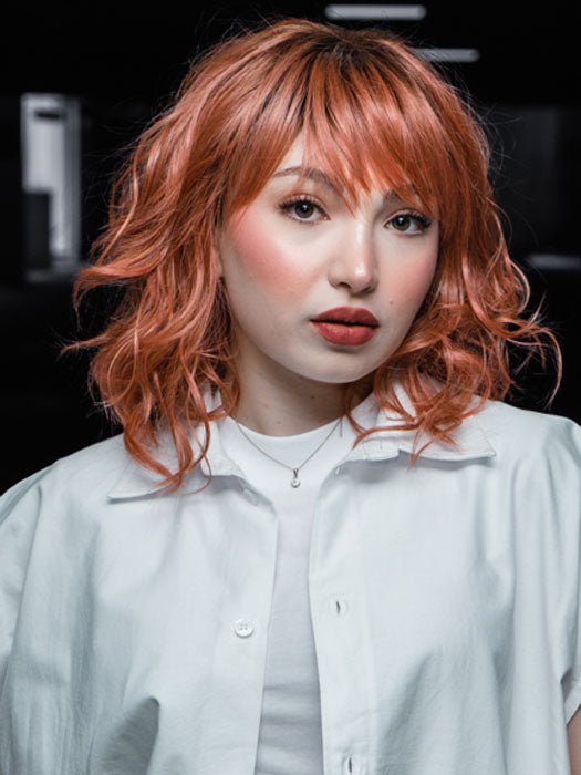 Maha host @ thewigcompany.com/LIVE in Breezy Wavez  by Rene of Paris | Color: DUSTY-ROSE | Medium Coral Red Base with Dark Brown Roots