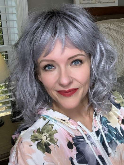 Marcie Mertz @wig.obsessed wearing BREEZY WAVEZ by RENE OF PARIS in color LUNAR-HAZE | Periwinkle Base with Off-Black Roots
