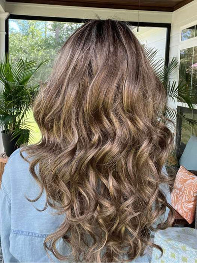 Jenna @jenna_fail wearing BRIANNA by ENVY BY ALAN EATON in color HONEY BREEZE | A blend of Cool, Honey Blonde and Multi-Dimensional Medium Brown with Darker Brown Roots 