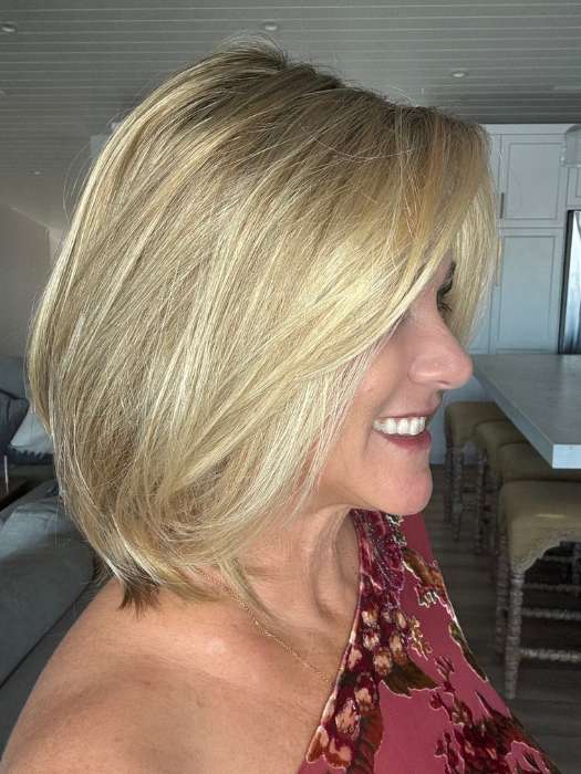 Susan Cooke @wigs_with_wisdom wearing CAMERON LARGE by JON RENAU in 12FS8 SHADED PRALINE | Light Gold Brown, Light Natural Gold Blonde & Pale Natural Gold-Blonde Blend, Shaded with Medium Brown