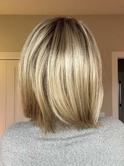 Carly @carlynwilson84 wearing CAMERON by JON RENAU in color 22F16S8 VENICE BLONDE | Light Ash Blonde and Light Natural Blonde Blend Shaded with Medium Brown
