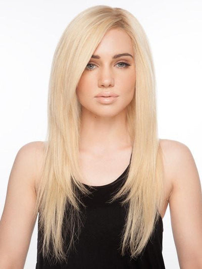 CASCADE by Ellen Wille in LIGHT CHAMPAGNE ROOTED | Pearl Platinum and Light Golden Blonde Blend with Medium Brown Roots  (This piece has been styled and straightened)