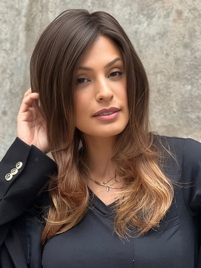 Roxie wearing COURTNEY by JON RENAU in S6-30A27RO AUTUMN | Brown roots to midlength, Medium Natural Red & Medium Red-Gold Blonde Blend midlength to ends