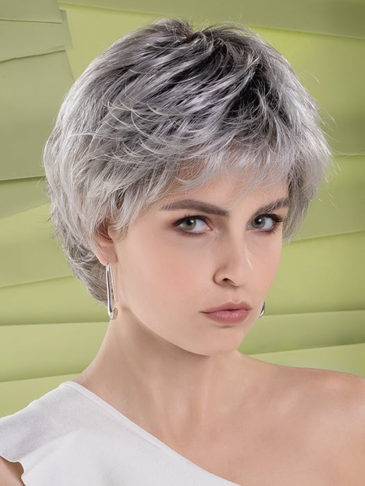 RICA by Ellen Wille in ASH-GREY-SHADED 56.60.58 | Pure Silver White with 10% Medium Brown and Silver White with 5% Light Brown blend with a Dark Root