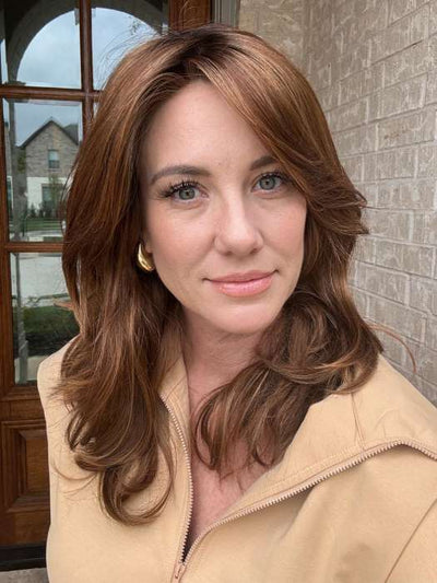 Jenny B. @thewiggygirl wearing GISELE by JON RENAU in color 30A27S4 SHADED PEACH | Medium Natural Red & Medium Red-Gold Blonde Blend, Shaded with Dark Brown | outdoor lighting