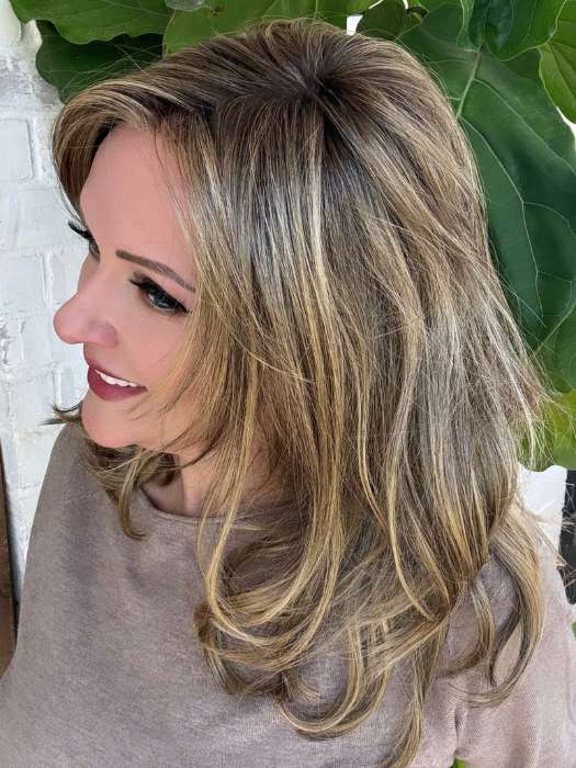 Marcie @wig.obsesssed wearing GISELE by JON RENAU in 24BT18S8 SHADED MOCHA | Medium Natural Ash Blonde & Light Natural Gold Blonde Blend, Shaded with Medium Brown
