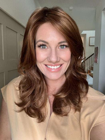 Jenny B. @thewiggygirl wearing GISELE by JON RENAU in color 30A27S4 SHADED PEACH | Medium Natural Red & Medium Red-Gold Blonde Blend, Shaded with Dark Brown | indoor lighting 