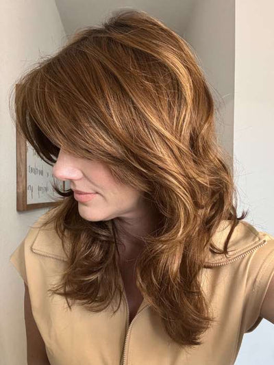 Jenny B. @thewiggygirl wearing GISELE by JON RENAU in color 30A27S4 SHADED PEACH | Medium Natural Red & Medium Red-Gold Blonde Blend, Shaded with Dark Brown | indoor lighting
