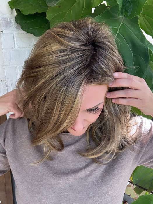 Marcie @wig.obsesssed wearing GISELE by JON RENAU in 24BT18S8 SHADED MOCHA | Medium Natural Ash Blonde & Light Natural Gold Blonde Blend, Shaded with Medium Brown
