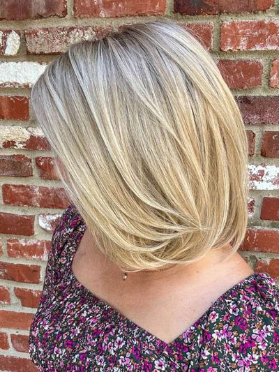 Jen @being_mrs_brown wearing HAUTE by JON RENAU in color 22F16S8 VENICE BLONDE | Light Ash Blonde and Light Natural Blonde Blend Shaded with Medium Brown
