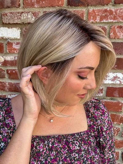 Jen @being_mrs_brown wearing HAUTE by JON RENAU in color 22F16S8 VENICE BLONDE | Light Ash Blonde and Light Natural Blonde Blend Shaded with Medium Brown
